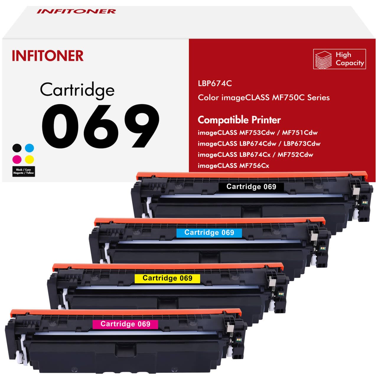 069 069H CRG-069 CRG-069H Compatible Toner Cartridge Replacement for Canon 069 imageCLASS MF752Cdw LBP673Cdw MF753Cdw MF753Cdw LBP674Cx LBP674Cdw MF751Cdw MF756Cx 4-Pack, Black Cyan Magenta Yellow