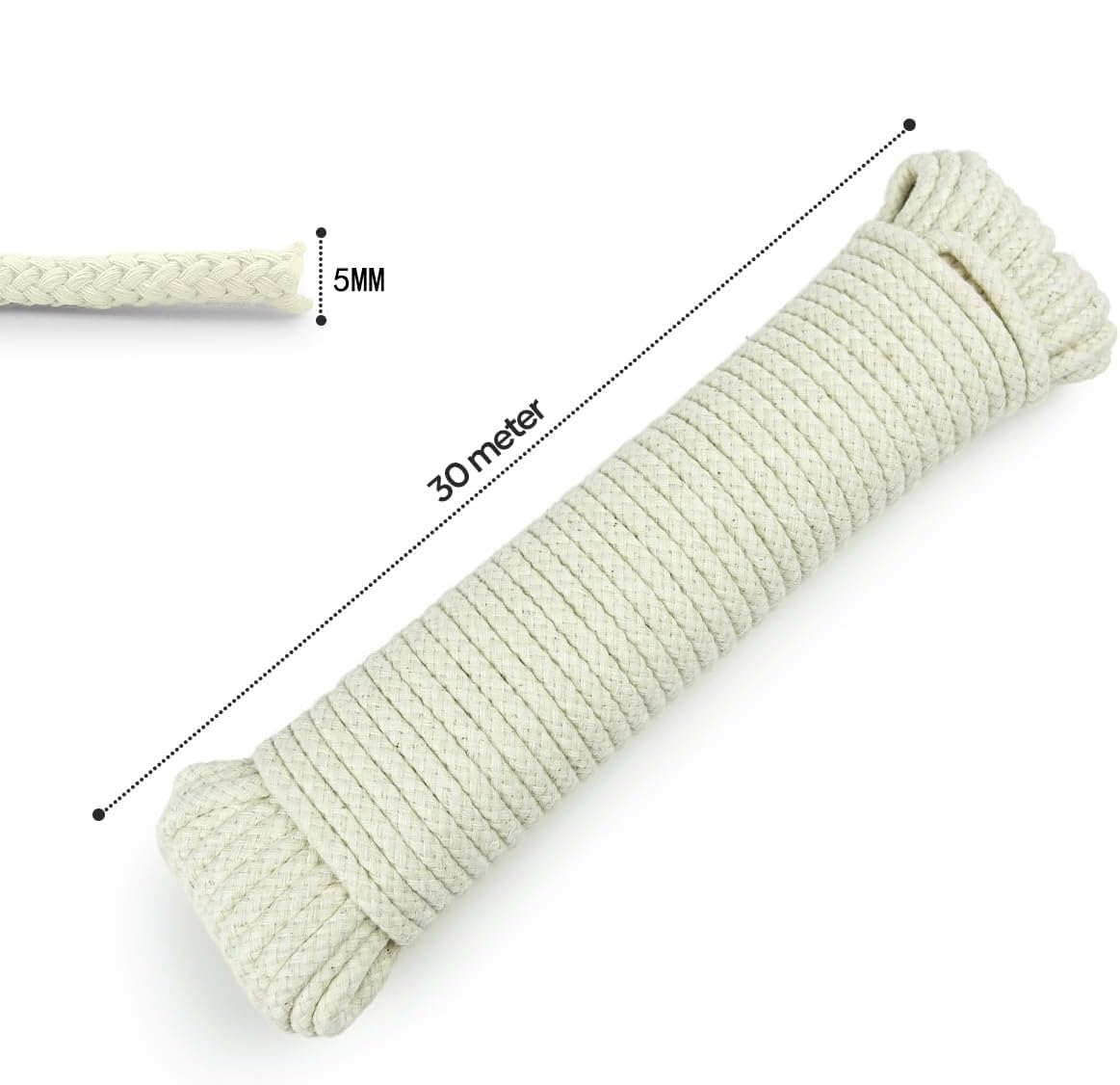 Natural Cotton Clothesline Pulley, Snag & Tear Resistant, 30m X 5.5mm, Soft Braided 190kgs Pulling Force Rope - Image 2