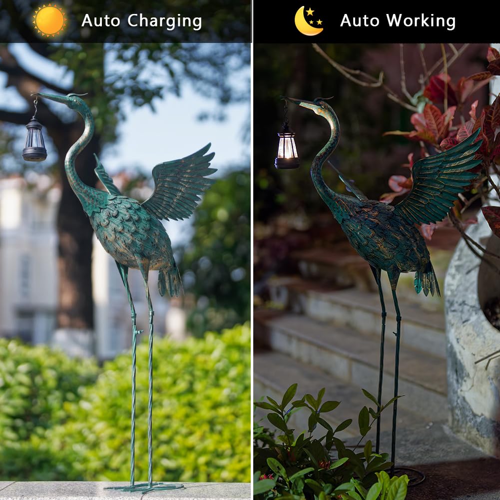 DREAMSOUL Statua da giardino a forma di airone, alta 102 cm, statua a forma di uccello, statue solari per esterni, decorazione per patio, piscina, prato