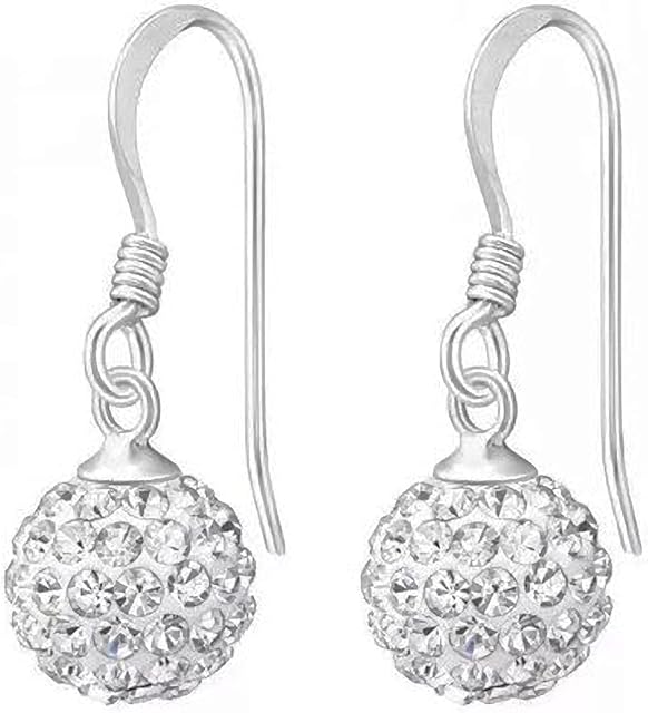 Bling 10MM WHITE Disco Ball Shamballa Style Sterling Silver Dangly Drop Hook Earrings - Austrian Crystal Earrings