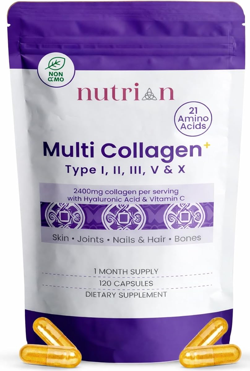 Multi Collagen Capsules 2400mg – Types I II III V & X Hydrolysed Bovine Collagen Peptides with Eggshell Membrane, Hyaluronic Acid & Vitamin C – Skin, Hair, Nails & Joint Support – 120 Capsules EU
