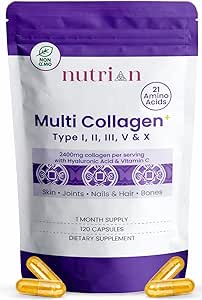 Multi Collagen Capsules 2400mg – Types I II III V & X Hydrolysed Bovine Collagen Peptides with Eggshell Membrane, Hyaluronic Acid & Vitamin C – Skin, Hair, Nails & Joint Support – 120 Capsules EU