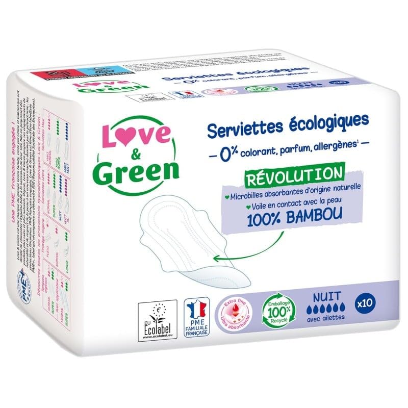 LOVE & GREEN - Serviettes Nuit Naturelle 0% X10 - Lot De 4 - Vendu Par Lot