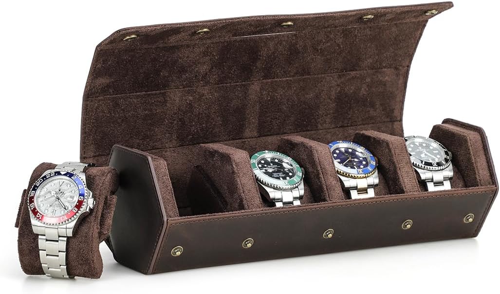 Hiram Genuine Leather Hexagon Watch Roll Travel Case, Leather 4-Watches Roll Case with Removable Pillow Cushion for Treasured Watches and Bracelets