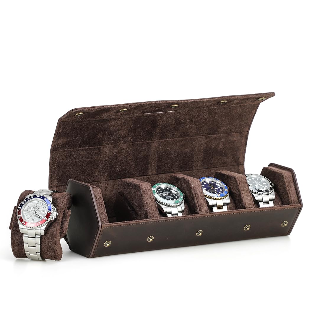Hiram Custodia da viaggio in vera pelle esagonale, per 4 orologi, con cuscino rimovibile per orologi e braccialetti preziosi