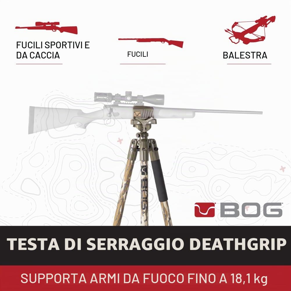BOG DeathGrip Mossy Oak Bottomland Camo Treppiede con telaio in alluminio resistente design leggero stabile livello di bolla gambe regolabili e funzionamento a mani libere per caccia tiro e all'aperto