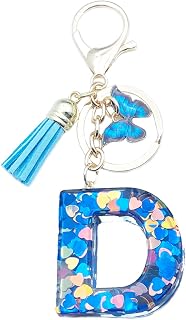Unpafcxddyig Blue A-Z Initials Letter Keychain Tassel Butterfly Pendant | Sequins Resin Alphabet Letter Keyrings Butterfly Tassel Pendant for Women Wallet Backpack Key Chain Bag Charm
