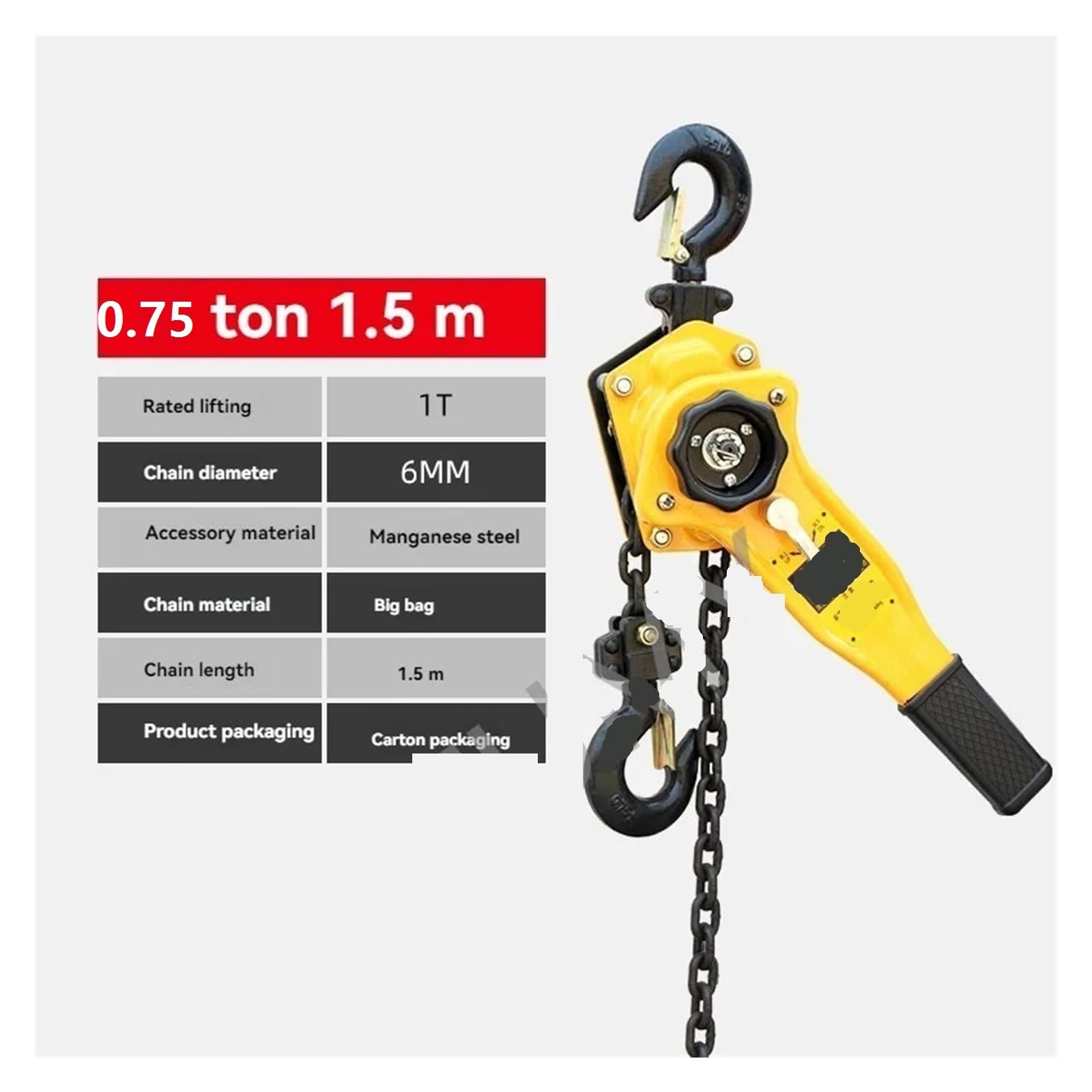 Kettenzug, Manueller Manganstahl-Hakendraht Traktionshebewerkzeughebel Kleine Handkette Traktionshebekran 0,75/1 Tonne für Garagenlager(0.75T 1.5m chain)