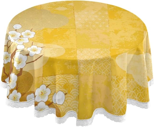 Mnsruu 60 Inch Round Japanese Cherry Blossom Flower Tablecloth Table Cloth Cover Decorative Lace Macrame for Buffet Table, Party, Holiday Dinner