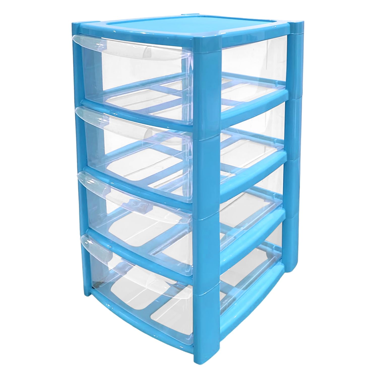Mini 4 Drawer Plastic Storage Tower - Compact Desktop Organiser with Clear Drawers for Makeup, Toiletries, Stationery - Lightweight & Durable Storage Tower - Pink, Blue or Black, 40x26x19cm (Blue)