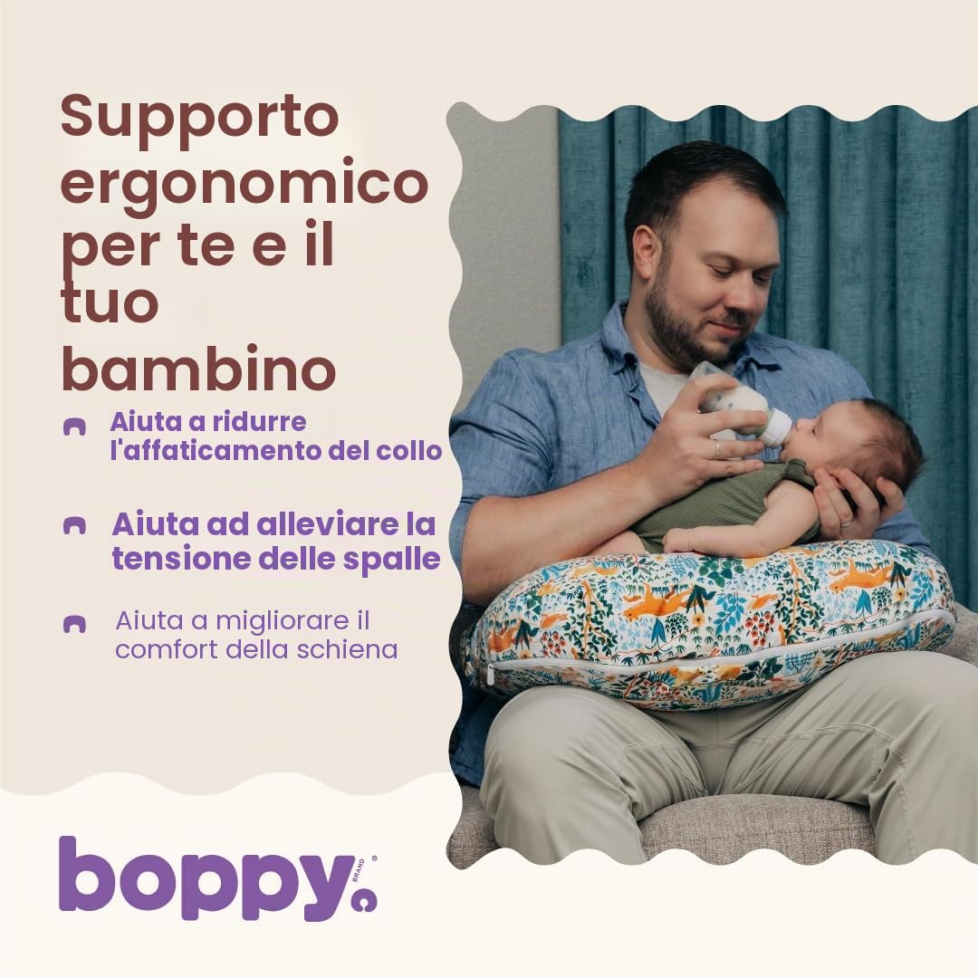 Boppy Cuscino per allattamento – Animali della foresta colorati – Cuscino più grande e di supporto per allattamento al seno e biberon – Riempimento più solido, sollevamento più alto, area più ampia