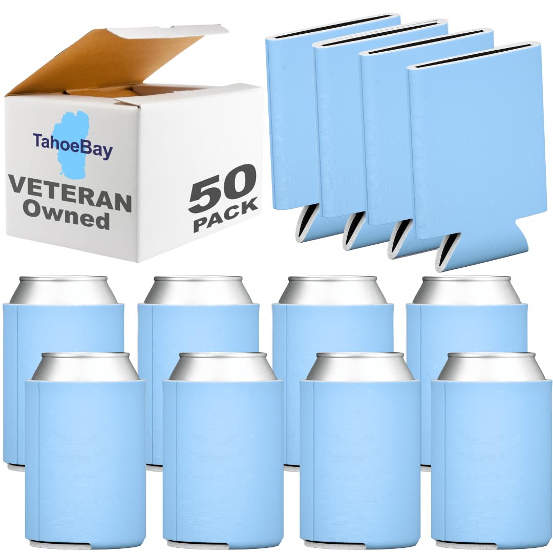 TahoeBay Blank Beer Can Cooler Sleeves (50-Pack) Bulk Sublimation Blanks for Vinyl Plain Collapsible Foam Can Sleeves Coolers Soda Cans and Bottles Custom Drink Assorted Solid Color (Placid Blue)