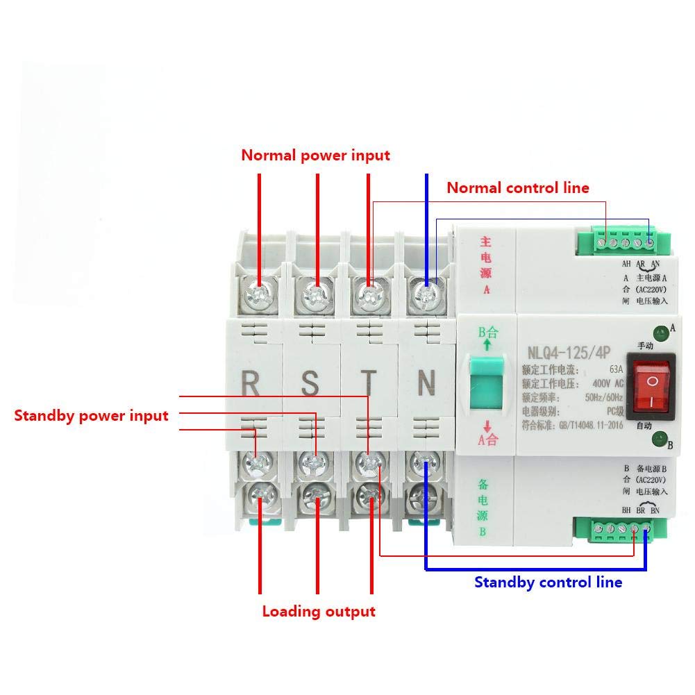 Interruttore di trasferimento 4P, AC 400V 63/80/100A Interruttore a levetta di trasferimento automatico a doppia alimentazione (63A)
