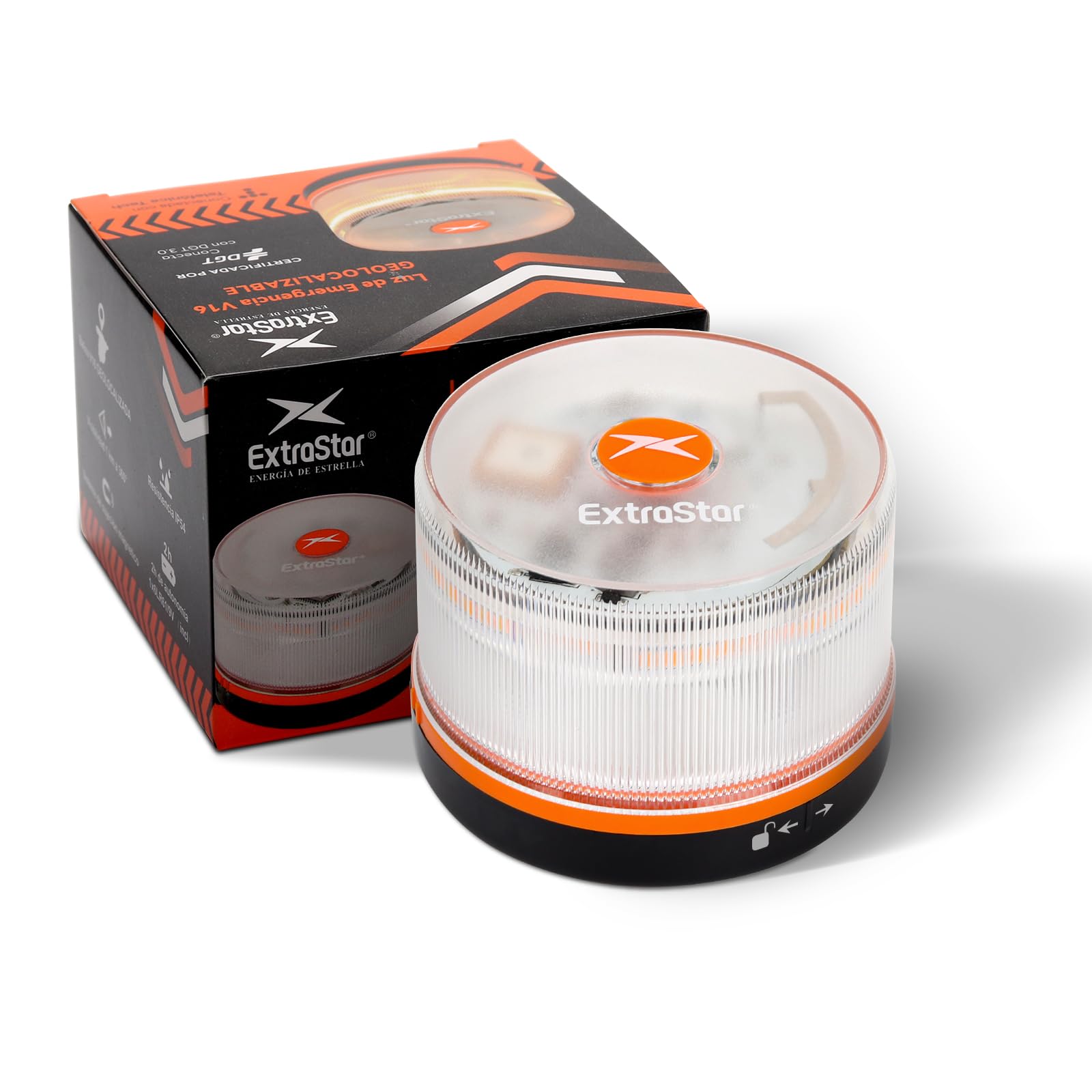 EXTRASTAR Emergency Light V16 Approved DGT with Geolocation 3.0 - Location Warning Cars, Data Plan Included - IP54 Magnetic Base - Compliant 2026 Regulations