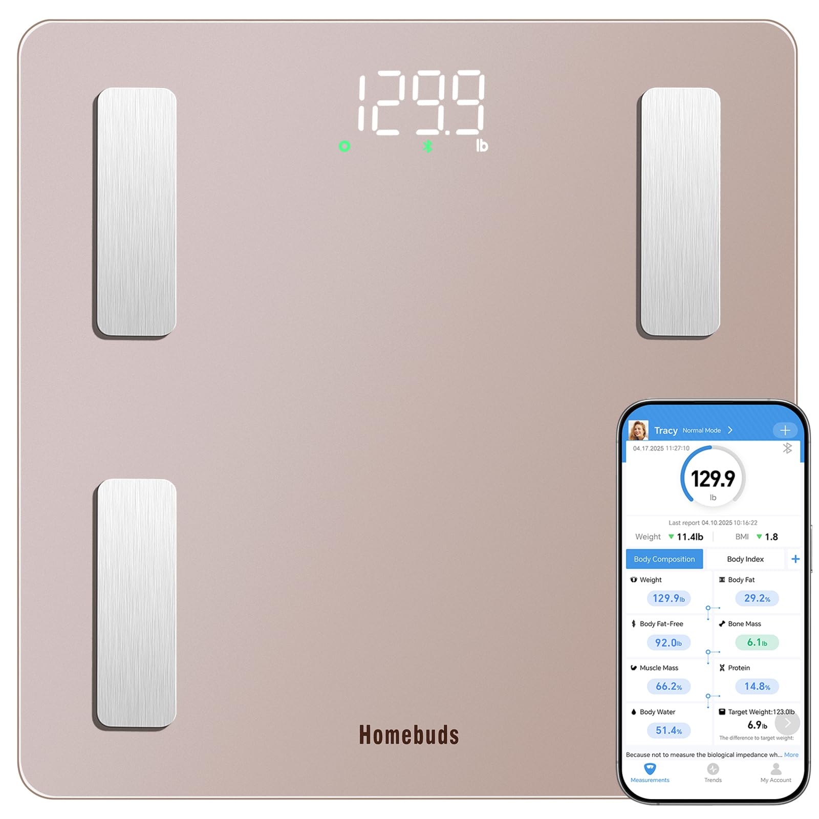 Homebud Waage Personen, Hohe Präzision Zugesichert Durch Professionelle Personenwaage Digital Fabrik seit 2001, App-Synchronisierung 13 Körperzusammensetzung, 182kg in 0,05kg, LED, Roségold
