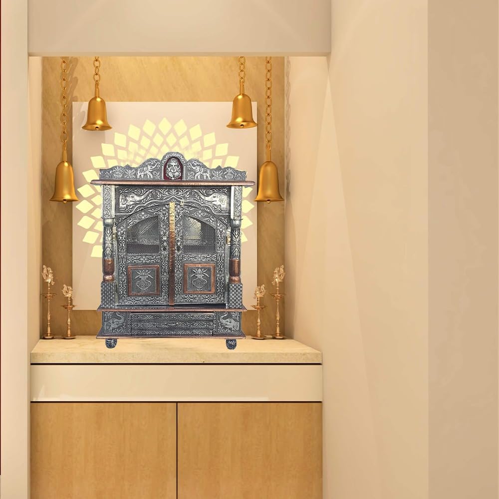 Handicrafts Home Temple | Pooja Mandir do domu, stojak boga do domu, stojak Pooja | mandir do biura | mandir do domu, montowany na ścianie, duży, świątynia do domu, mandir 23 x 45 cm, srebrny