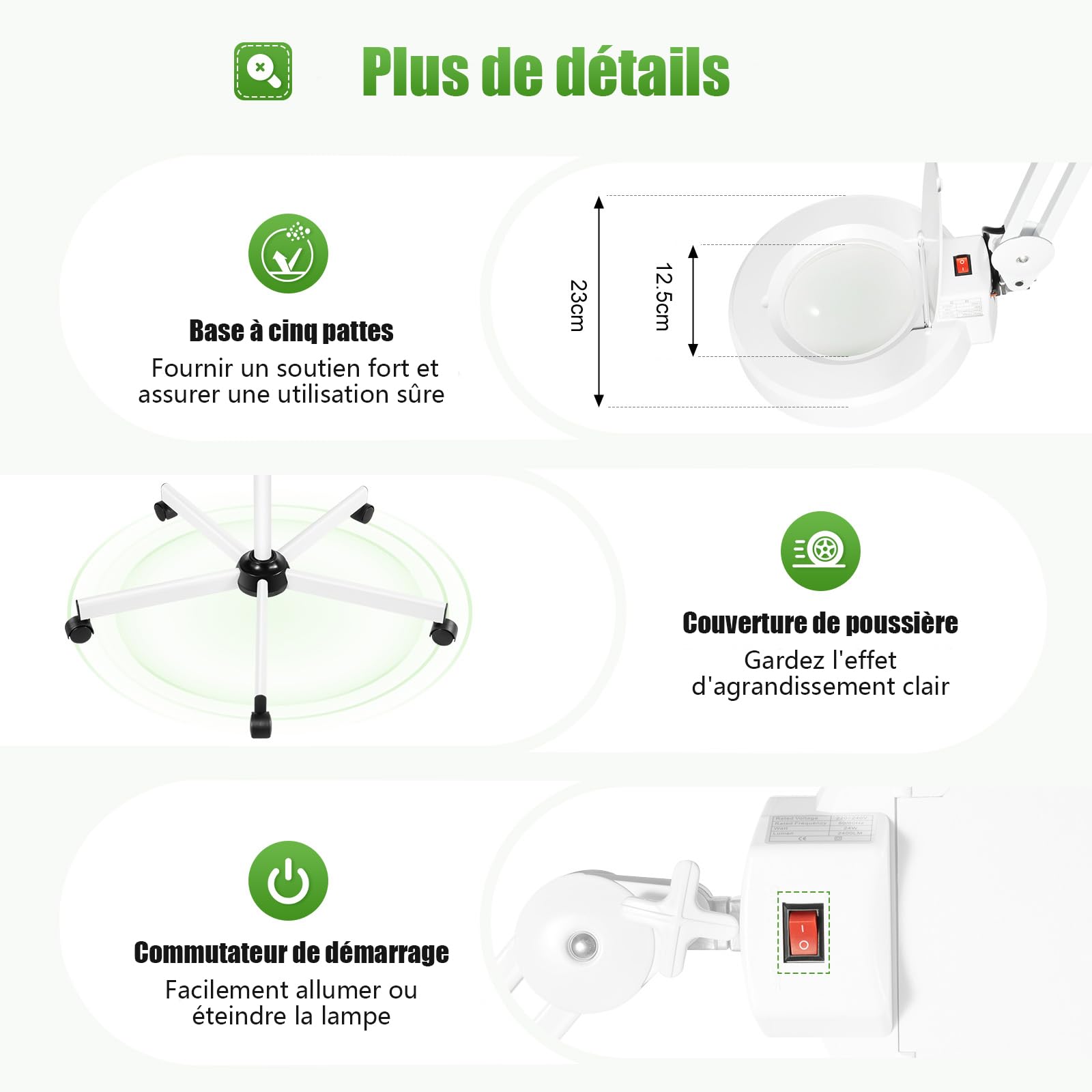 22W LED Lampe Loupe sur Pied Loupe Eclairante Lampe Esthetique Professionnel 5 Dioptres Lampe à Bras Pivotant Réglabl pour Salon de Beauté, Coiffure，Dentiste