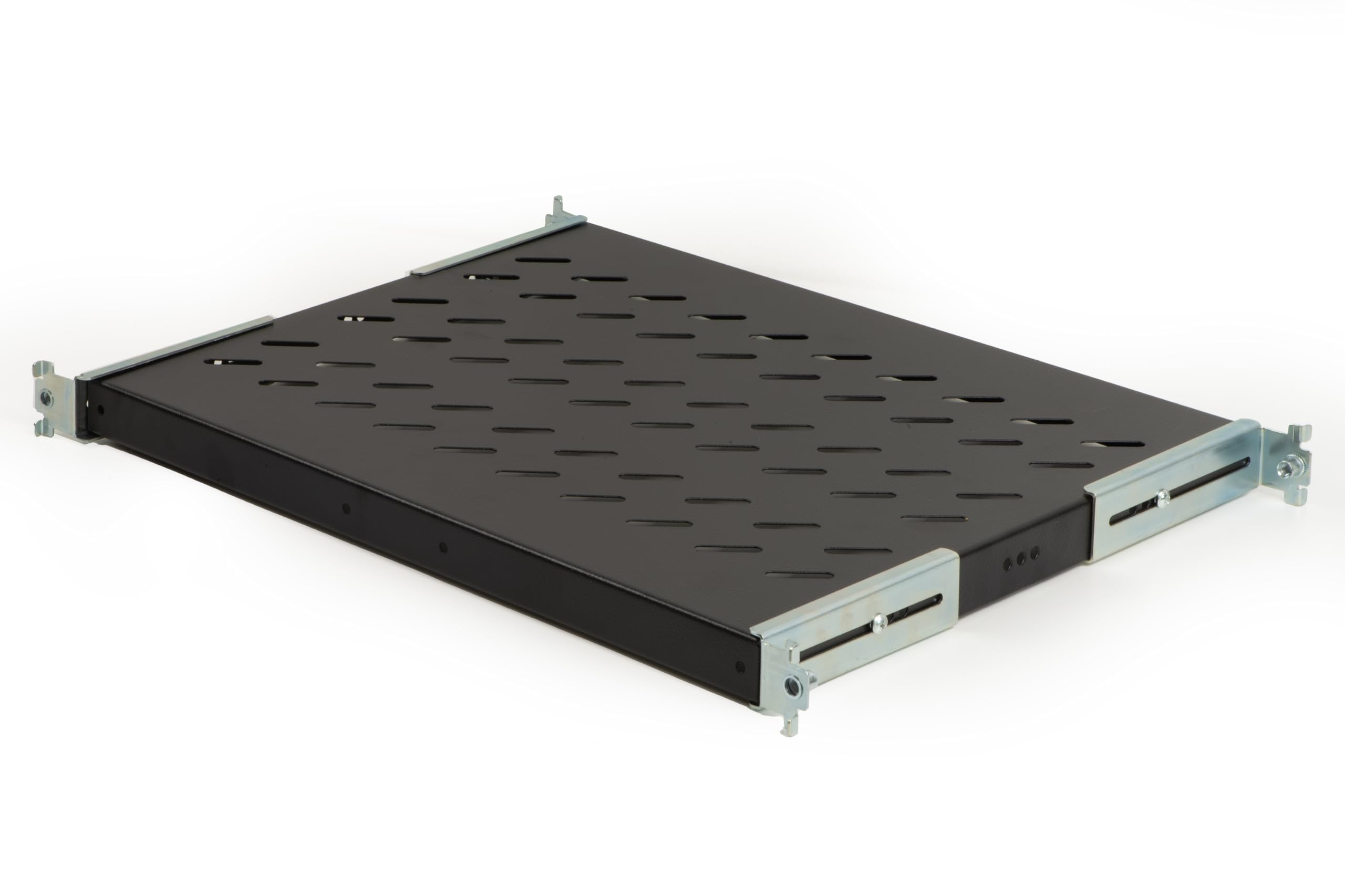 Mensola in acciaio per armadio rack 19" regolabile 350-450 mm, nero RAL9005, portata 50 kg
