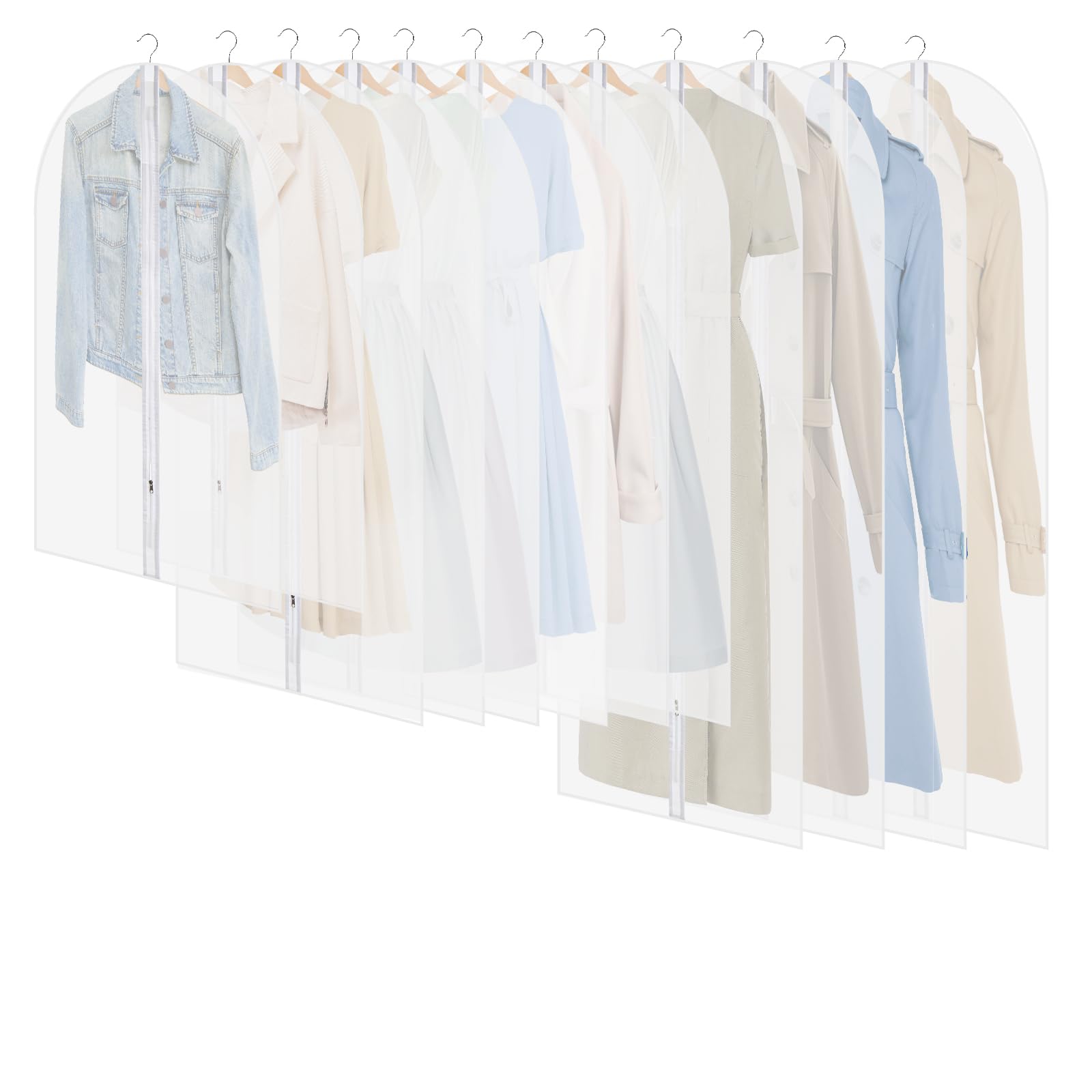 Youyijia 12Pack Breathable Dustproof Garment Covers with Zip, Waterproof Moth Proof Coat Bags, Translucent Dress Protector, Anti-mite Suit Storage Bags for Wardrobe & Travel White