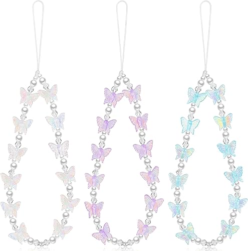 Ecally 3 dijes de mariposa con cuentas para teléfono, decoración de papelería, correa de cuentas Y2K con cordón para muñeca, bonita cadena estética