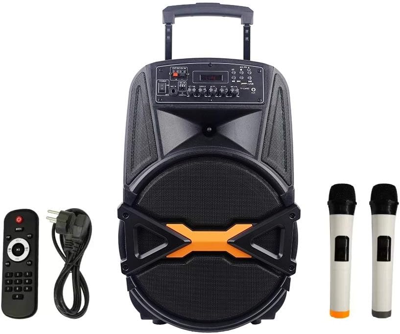 Gadget Wagon Sonic 15" Bluetooth Trolley Speaker with 2 Wireless mics, FM Radio, USB & Recording Option, Mic Echo Control for Karaoke
