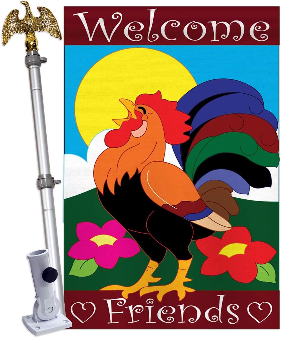 Two Group HS110038-P2-02 Welcome Friends Rooster Nature Farm Animals Applique Decorative Vertical 28" x 44" Double Sided House Flag Set Aluminum Pole & Bracket Hardware