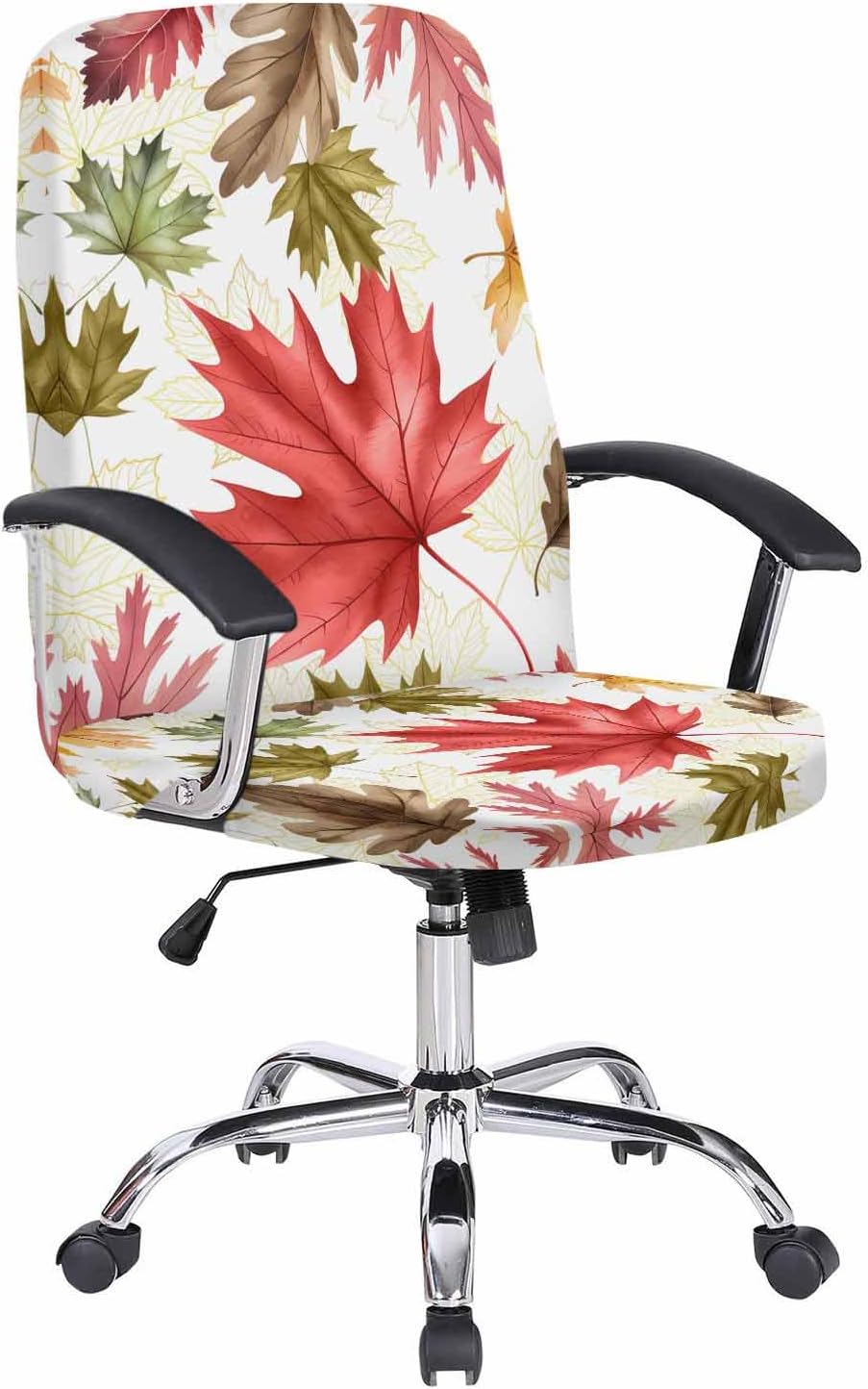 DecorLovee Fall Botanical Office Chair Covers Stretchable Computer Gaming Chair Cover, Red Orange Green Maple Leaf Thanksgiving Desk Chair Covers Removable Rotating Chair Slipcover with Zipper, M