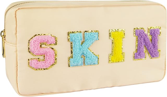Nylon Waterproof Preppy Makeup Bag- Women Chenille Letter Portable Travel Organizer Pouches for Toiletries and Cosmetics Storage Bag with Patches (Beige-Skin)