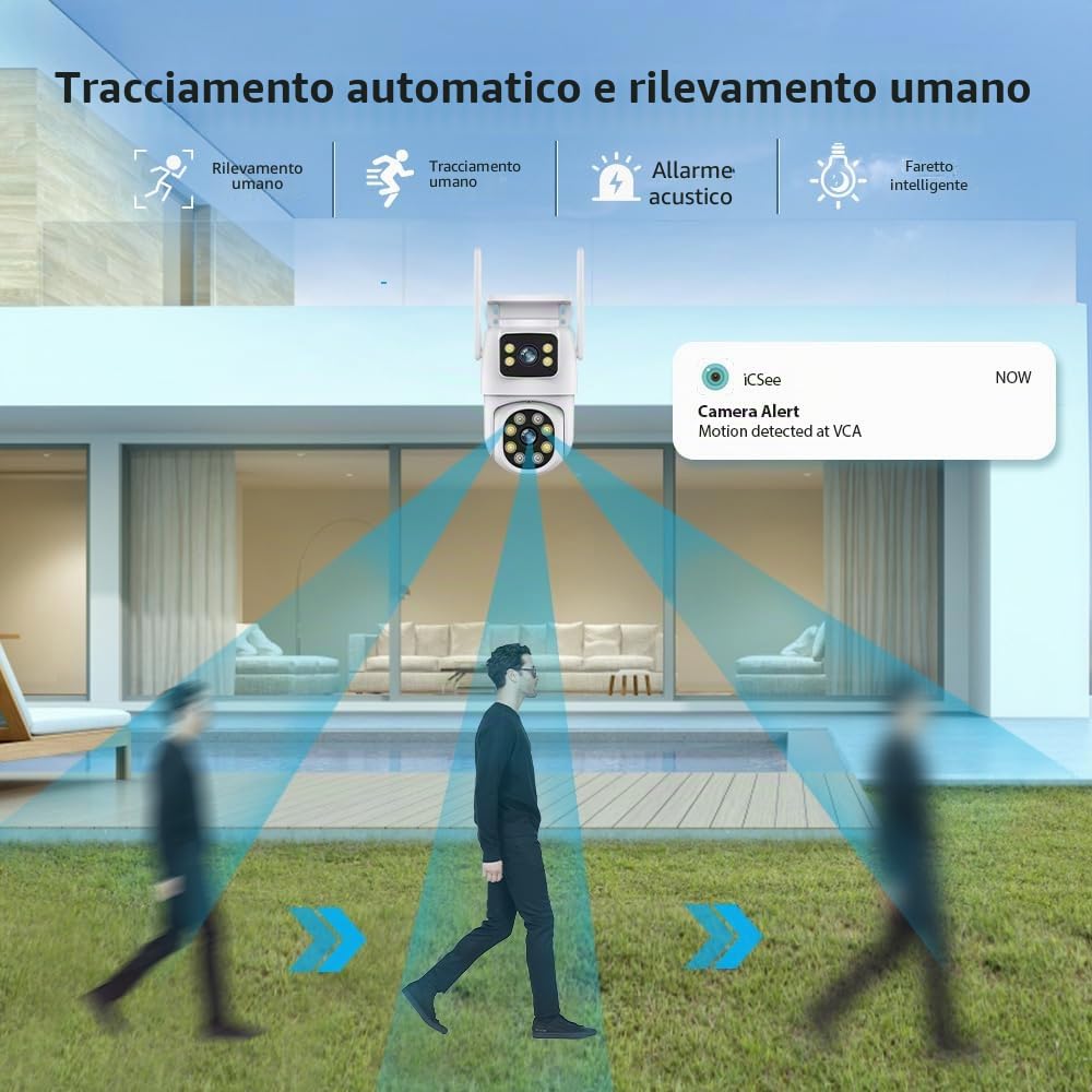 Telecamera Wi-Fi Esterno con Doppia Lente, 6 MP Telecamera Esterna IP PTZ Videocamera Sorveglianza 360° Telecamera di Sicurezza + 64 G Scheda SD Audio Bidirezionale Visione Notturna Tracciamento Auto
