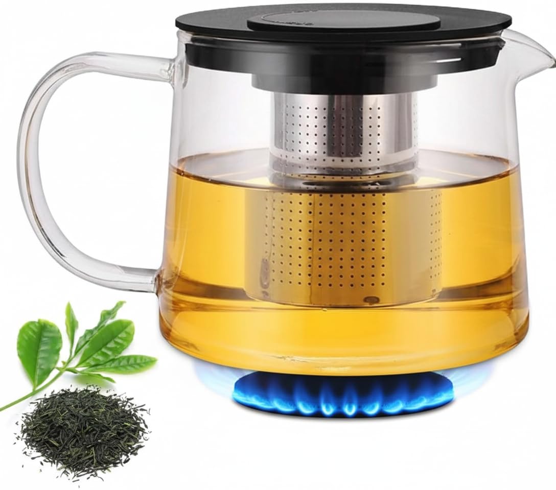 OCEANO Teiera in Vetro Borosilicato 1,5l Resistente al Calore Adatto Fornello Gas Colino The Filtro Acciaio Rimovibile Coperchio Infusore Fiamma Viva Caraffa Termica per Tè Polvere Infusi Erbe Foglie