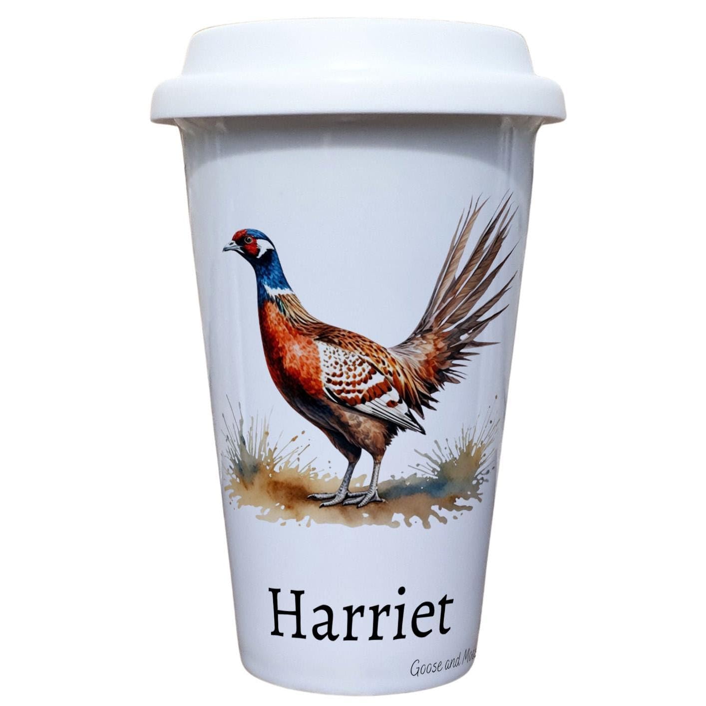 Personalised Pheasant Travel Mug, Gift for Wildlife Lover, Thank you present for Animal Spotter, Hot Drinks Flask, Insulated Coffee Cup
