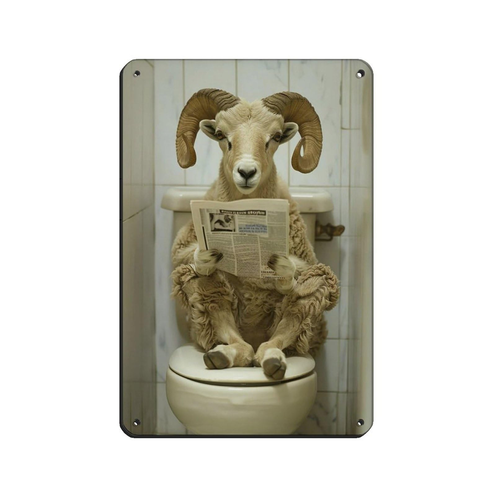 Ram Sitting on The Toilet Reading A Newspaper Retro Poster Metal Tin Sign Chic Art Retro Iron Painting Bar People Cave Cafe Family Garage Poster Wall Decoration 8x12inch(20x30cm)