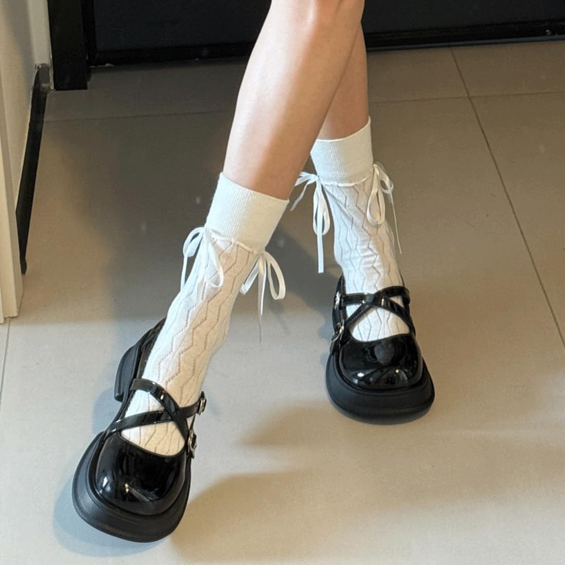 Zapatos de plataforma Mary Jane con cordones ajustables y punta redonda y suela gruesa con lazo cruzado en forma de corazón estilo gótico Harajuku Kawaii Lolita (black,40)
