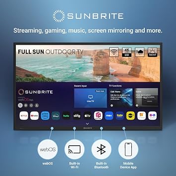 SunBrite 49 Solis Smart Outdoor Television, Full-Sun 4K TV, 1500-Nit Brightness, Anti-Glare Screen, IP55 Weatherproof, Wi-Fi Bluetooth, Integrated Speakers SB-FS-49-BL