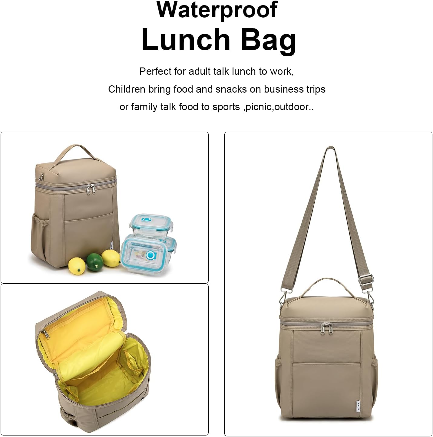 NOL Natural Organic Lifestyle Insulated Lunch Bags for Women Cooler Bag Lightweight Nylon Waterproof Lunch Box For Work (Khaki, Large) - Image 4