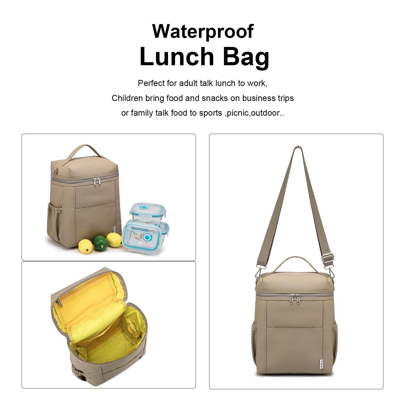 NOL - Borsa termica per il pranzo, da donna, in nylon leggero, impermeabile, per lavoro, cachi, grande, 12 l
