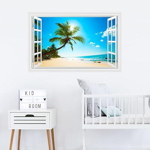 Miniatura 5 de Kiddale Adhesivo falso de pared para ventanas, removible 3D playa, paisaje marino, calcomanías de pared falsas para decoración de dormitorio, sala