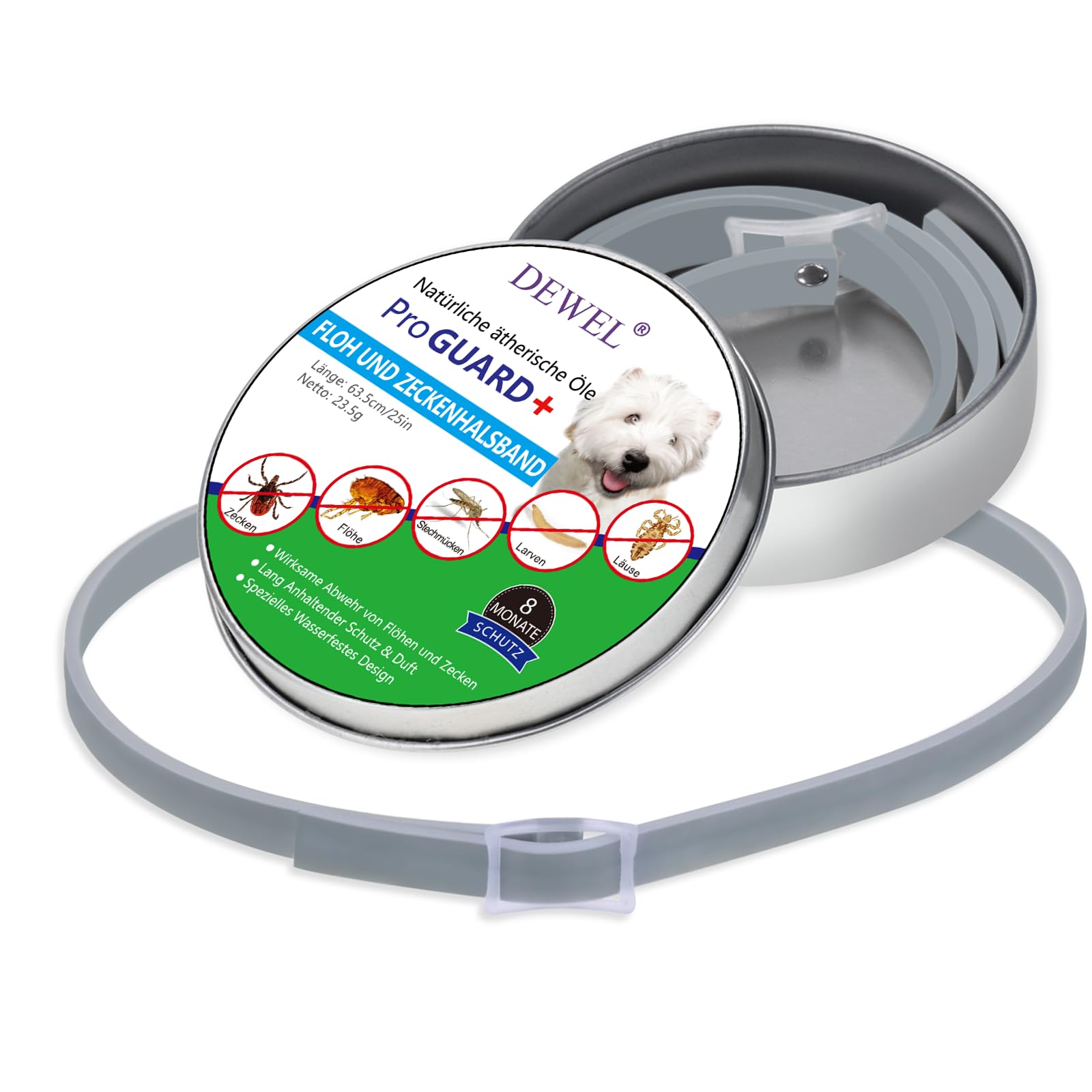 DEWEL Zeckenhalsband für Hunde für kleine, mittlere und große Haustiere - 8 Monate Schutz- 63.5 cm verstellbar für alle Größen - Flohschutz Halsband für Hunde