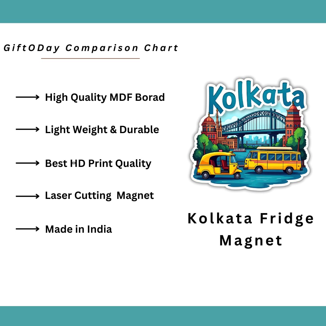 GiftODay Kolkata City Theme Souvenir Wooden Fridge Magnet for Refrigerator - Kolkata Fridge Magnet for Kitchen & Home Decor | Perfect Souvenir Gift | Size 3x3 Inches | Pack of 1 3