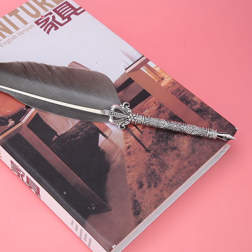 European Retro Stalówki ze stali nierdzewnej Zestaw wosków do pisania zanurzeniowego Prezent z pudełkiem do pakowania (SFDPS025031 pointed gray feather)