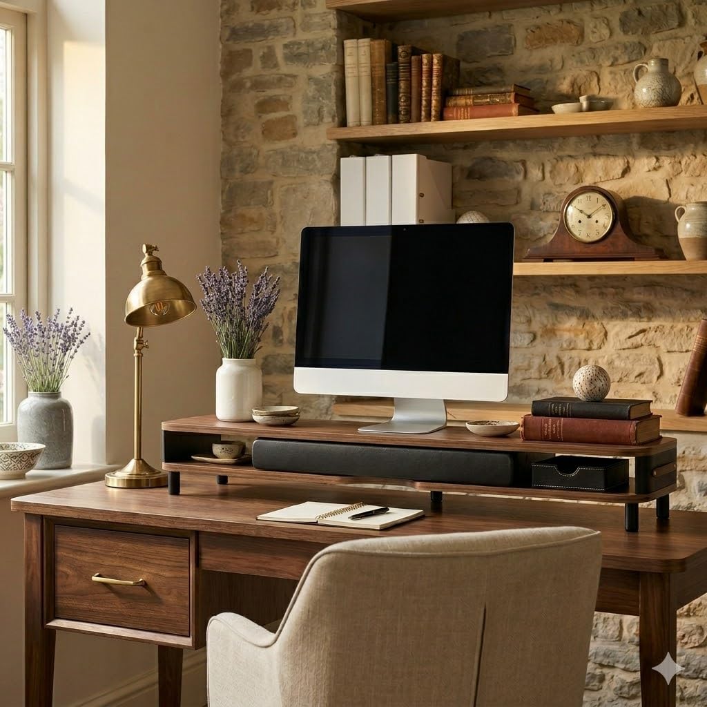 Fenge Réhausseur d'Écran avec Grand Tiroir, 108cm Support de Dual Moniteurs avec Poignée en Cuir, Ergonomique Support Ecran Bureau Pour Chambre/Bureau/Salon, 108x25x15,7cm, Charge de 35kg, (Marron)