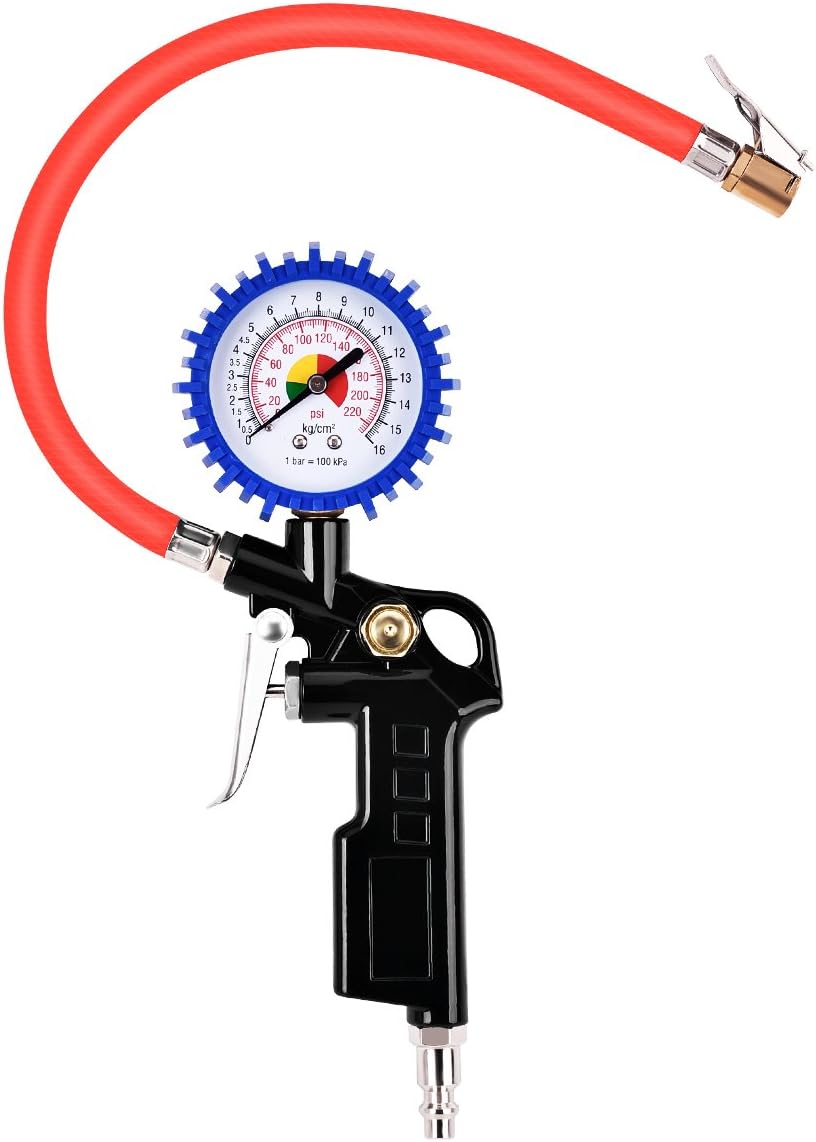 BEGOST Air Tire Inflator Inflation Gun Tire Pressure Gauge Tire inflator Gauge with Flexible Hose,Quick Connect Coupler and PSI/BAR Dual Measurement for Vehicle Car Bicycle