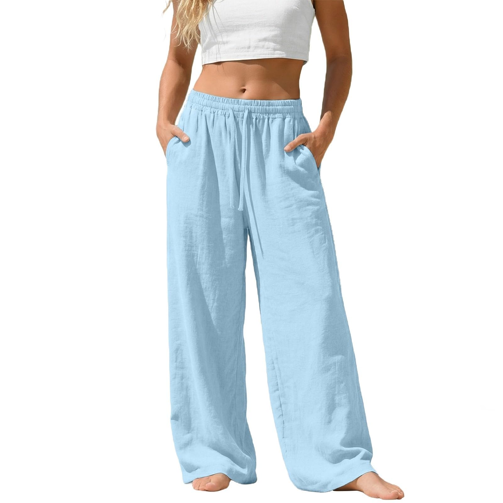 Mobanna Sommerhose Damen Leicht, Leinenhose Damen - Leichte Sommerhosen Lang Sommer Palazzo Weite Bein Hosen Stoffhose Große Größen Weites Pants Einfarbig Baumwolle Leinen Strandhose Mit Taschen
