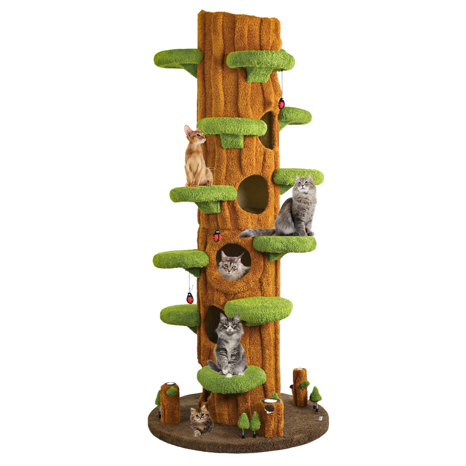 90.5'' Luxury Cat Tree for Indoor Cats, All-in-One Tall Cat Tower with Scratching Post, Multi-Level House, Solid Wood Condo for Multi-Cat Families (Green)