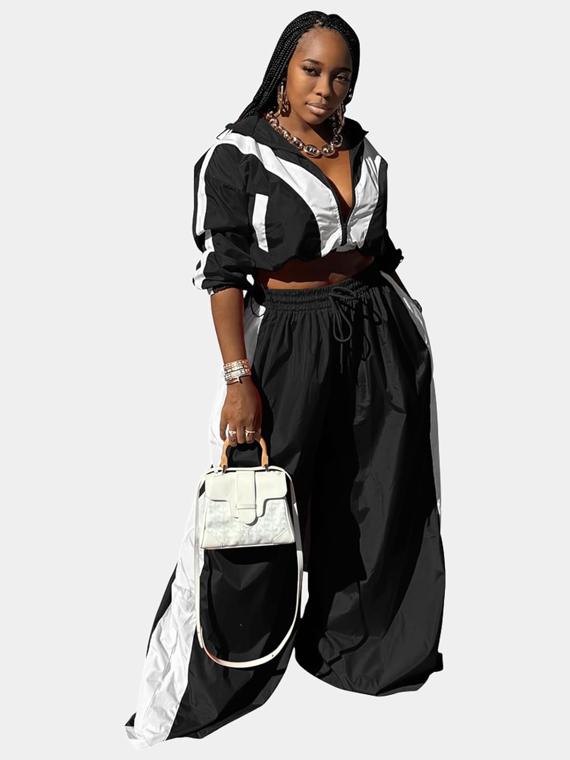 Angsuttc Track Suits for Women Set Color Block Two Piece Long Sleeve Cropped Jacket and Wide Leg Pants Outfits - Image 2