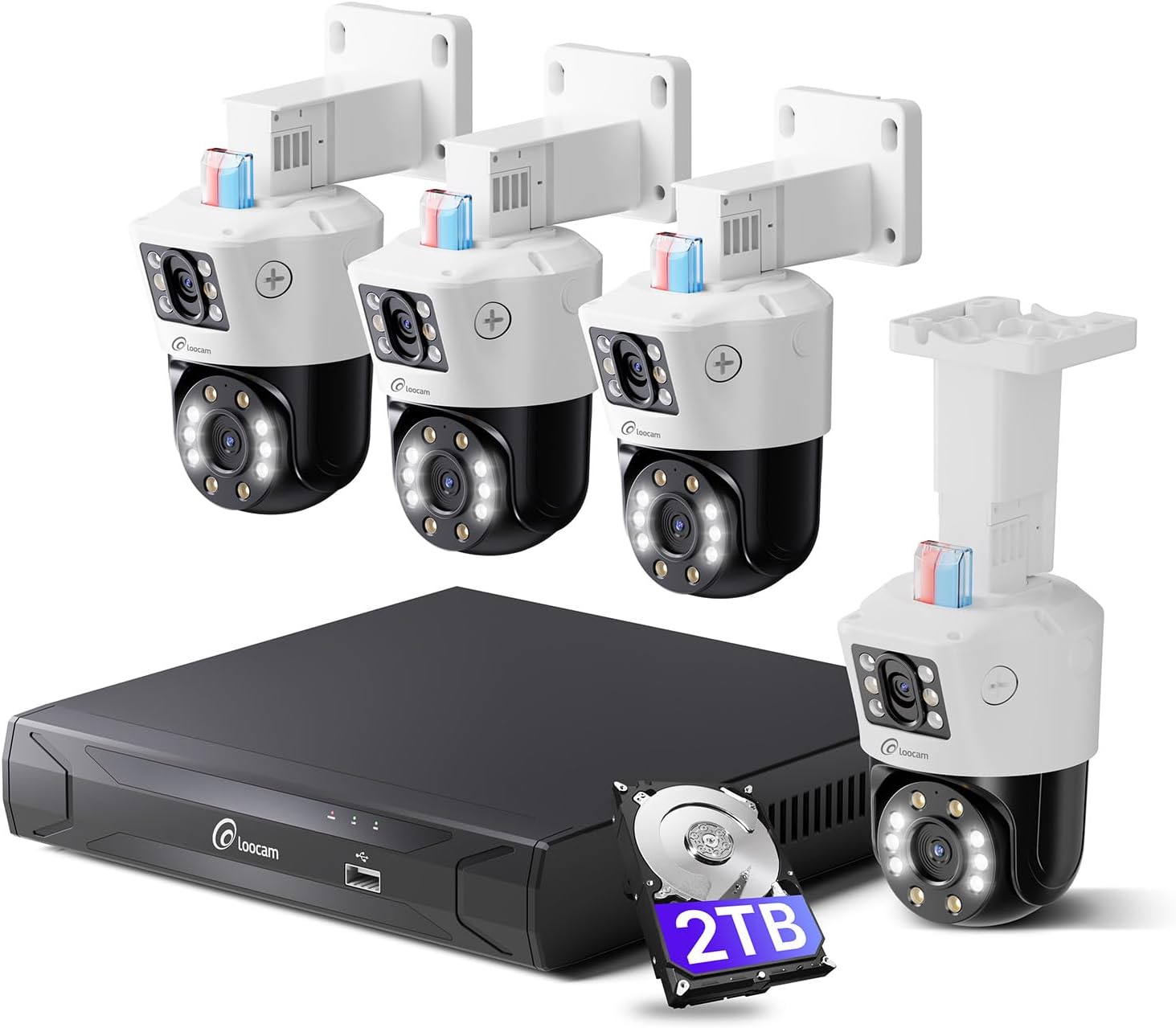 Dual-Lens 4K PoE Security Camera System, 4pcs Pan/Tilt CCTV Wired PoE IP Camera Outdoor Indoor, AI Person/Vehicle, Spotlight Siren, Color Night Vision, 8CH 8MP NVR with 2TB HDD