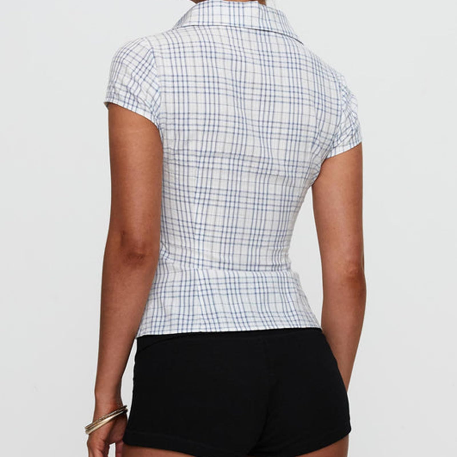 Y2k Girls Vintage Coquette Button Down Shirt Women Short Sleeve V-Neck Slim Fitted T-Shirt Cute Blouse Crop Top: Blue #D Large