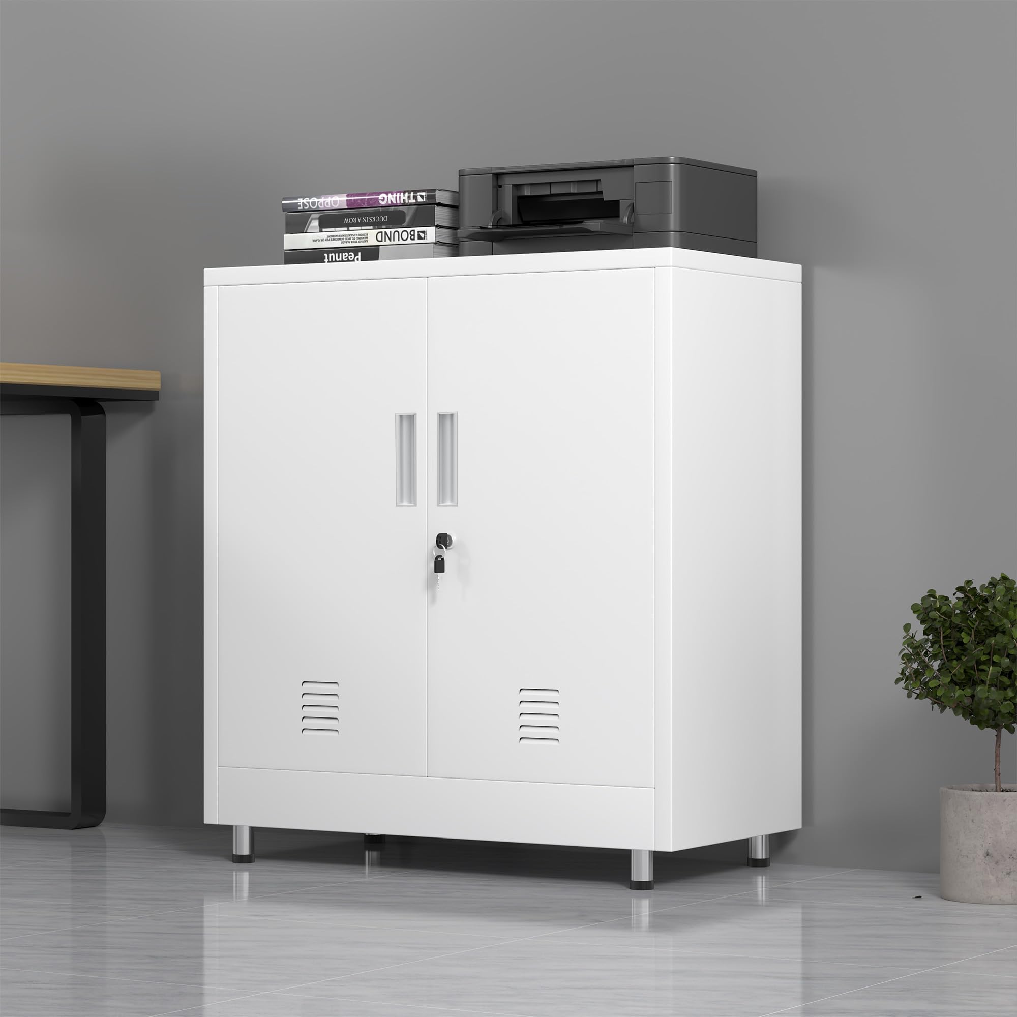 JINGUR Aktenschrank Büroschrank Lagerschrank Metallschrank Stahlschrank, Abschließbar Mehrzweckschrank Kleiner Schrank Buffetschrank Flurschrank (Weiß)