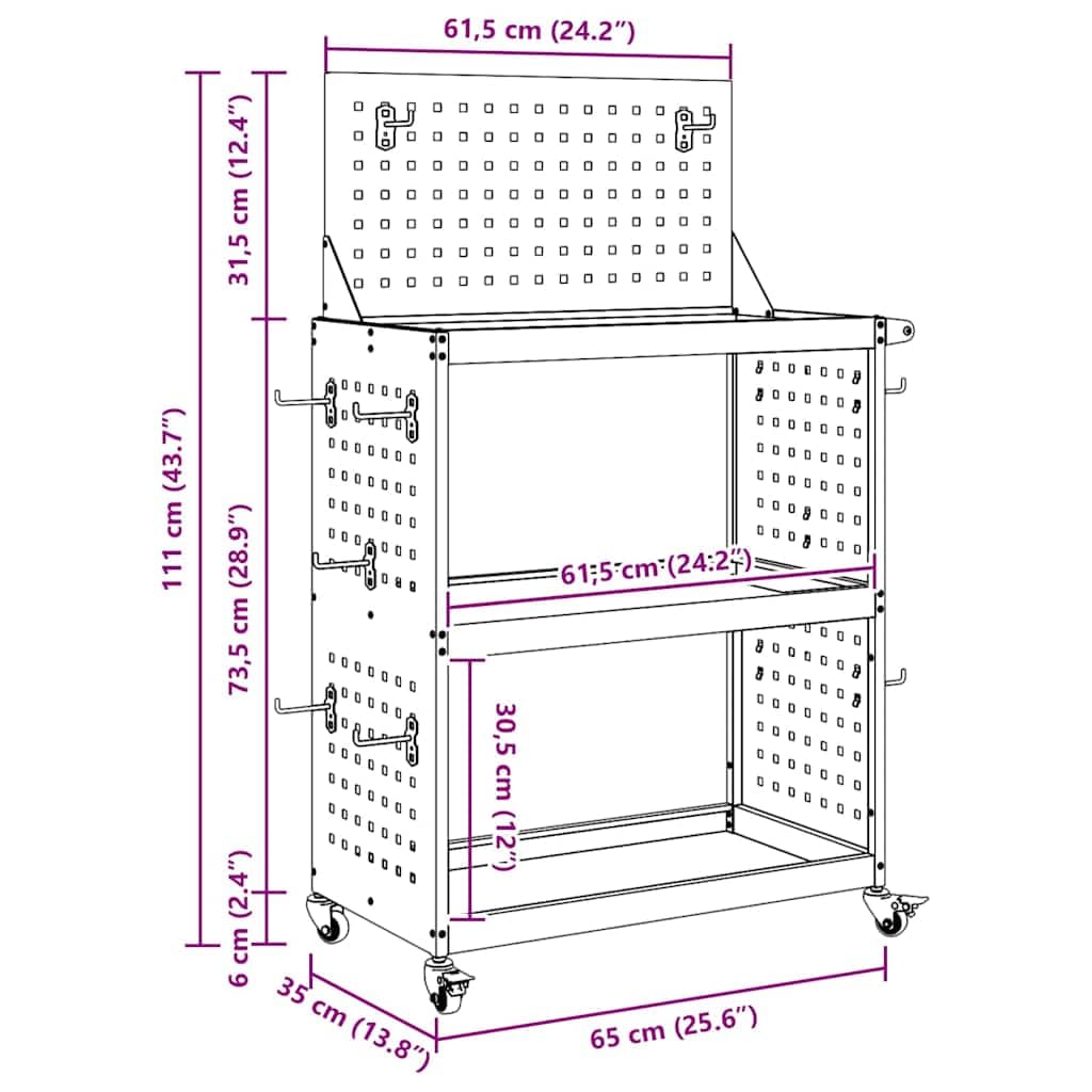 Carrello portautensili bianco in acciaio laminato a freddo, 65 x 35 x 111 cm, con 3 ripiani, 12 ganci e ruote bloccabili, per officina, garage e sala hobby, conservazione e ordine efficienti