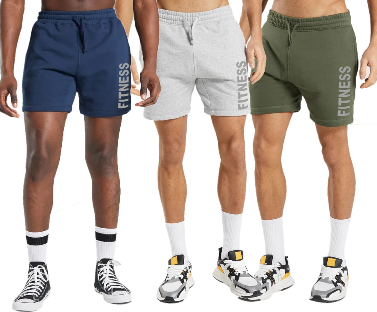 hotfits Men's Blue, Grey & Green Training Rest Day Cotton Regular Shorts Pack of 3 -L-picture-13